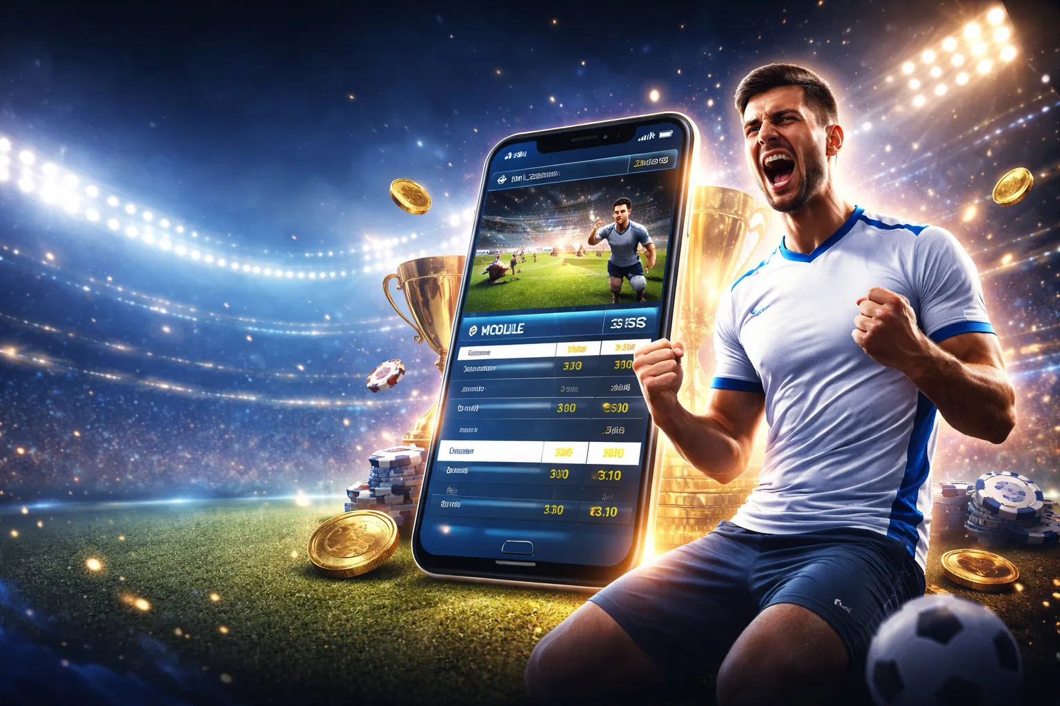 Sân vận động thể thao với ánh đèn rực rỡ và logo Luck8882, tượng trưng cho cá cược thể thao đỉnh cao